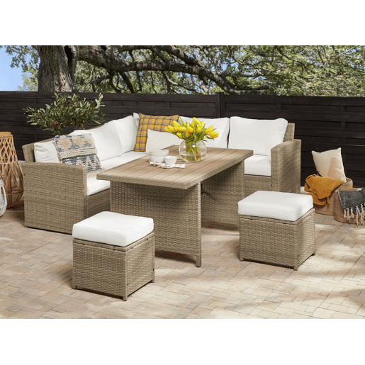 Conjunto de jardim com mesa e repousa-pés 5 lugares BARDI com almofadas Castanho