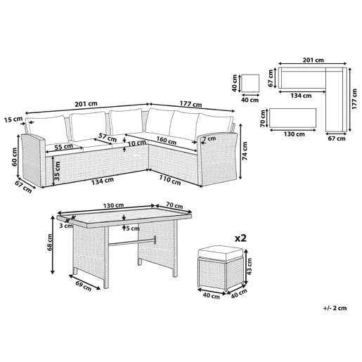 Conjunto de jardim com mesa e repousa-pés 5 lugares BARDI com almofadas Castanho