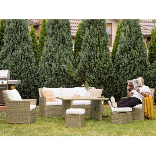 Conjunto de jardim com mesa e repousa-pés 5 lugares FONTI com almofadas Castanho