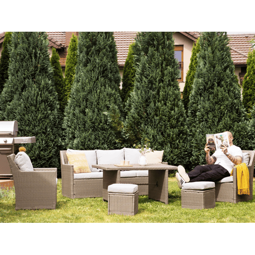 Conjunto de jardim com mesa e repousa-pés 5 lugares FONTI com almofadas Taupe