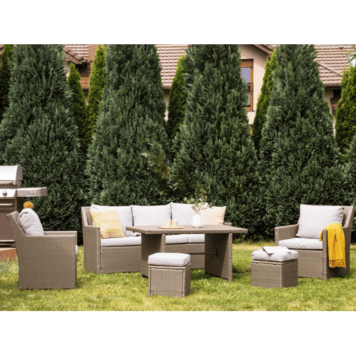 Conjunto de jardim com mesa e repousa-pés 5 lugares FONTI com almofadas Taupe