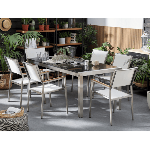 Conjunto de refeições de jardim 6 lugares GROSSETO Placa tripla Granito Polido PretoBranco