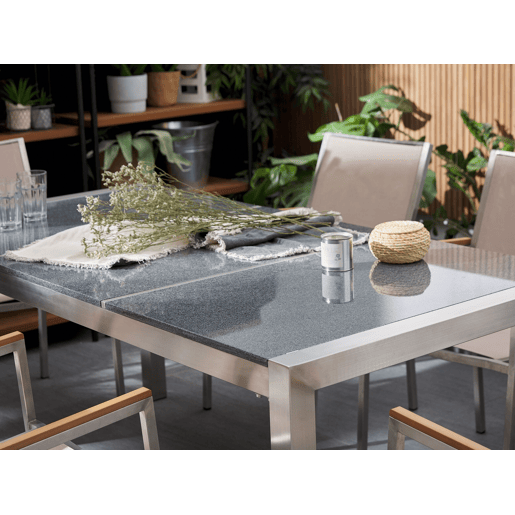 Conjunto de refeições de jardim 6 lugares GROSSETO Placa tripla Granito Polido PretoBranco