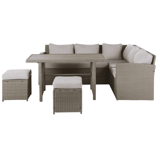 Conjunto de jardim com mesa e repousa-pés 5 lugares BARDI com almofadas Taupe