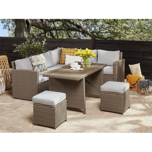 Conjunto de jardim com mesa e repousa-pés 5 lugares BARDI com almofadas Taupe
