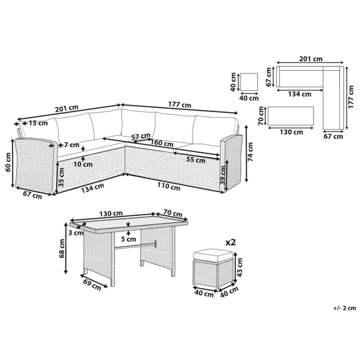 Conjunto de jardim com mesa e repousa-pés 5 lugares BARDI com almofadas Taupe