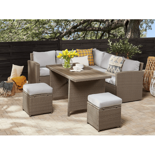Conjunto de jardim com mesa e repousa-pés 5 lugares BARDI com almofadas Taupe