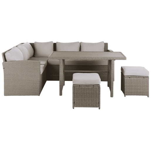 Conjunto de jardim com mesa e repousa-pés 5 lugares BARDI com almofadas Taupe