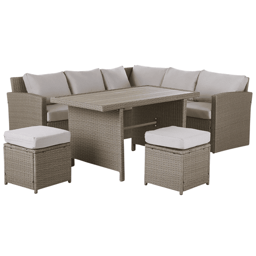 Conjunto de jardim com mesa e repousa-pés 5 lugares BARDI com almofadas Taupe