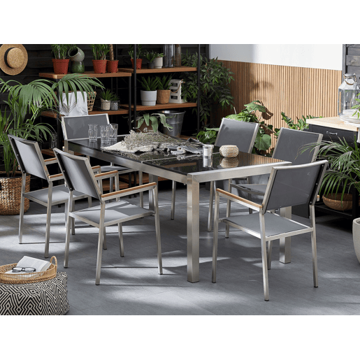 Conjunto de refeições de jardim 6 lugares GROSSETO Placa tripla Granito Polido CinzentoPreto