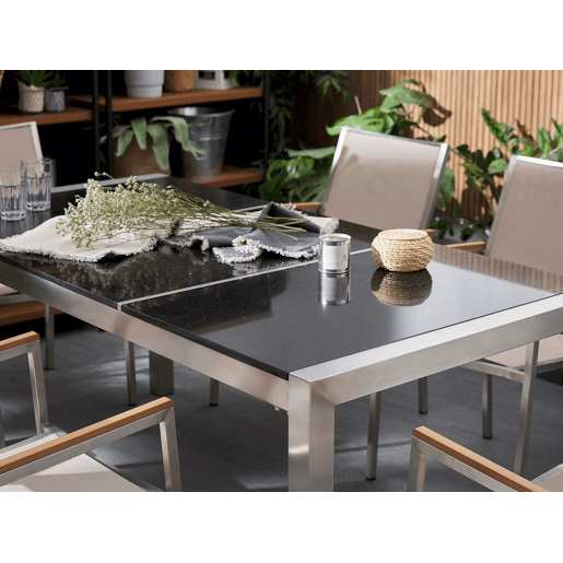 Conjunto de refeições de jardim 6 lugares GROSSETO Placa tripla Granito Polido CinzentoPreto