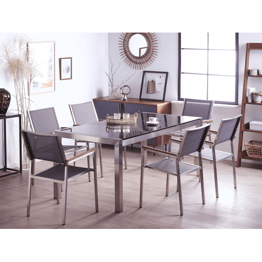 Conjunto de refeições de jardim 6 lugares GROSSETO Placa tripla Granito Polido CinzentoPreto