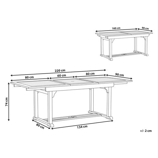 Mesa de refeição de jardim extensível JAVA 160220 cm 90 cm Madeira de acácia Castanho claro