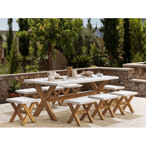 Conjunto de refeições de jardim com tamboretes 8 lugares OLBIA Betão Branco