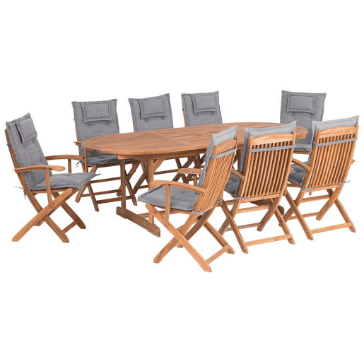 Conjunto de refeições de jardim 8 lugares MAUI com almofadas Madeira de acácia Cinzento Conjunto de refeições de jardim 8 lugares MAUI com almofadas Madeira de acácia Cinzento