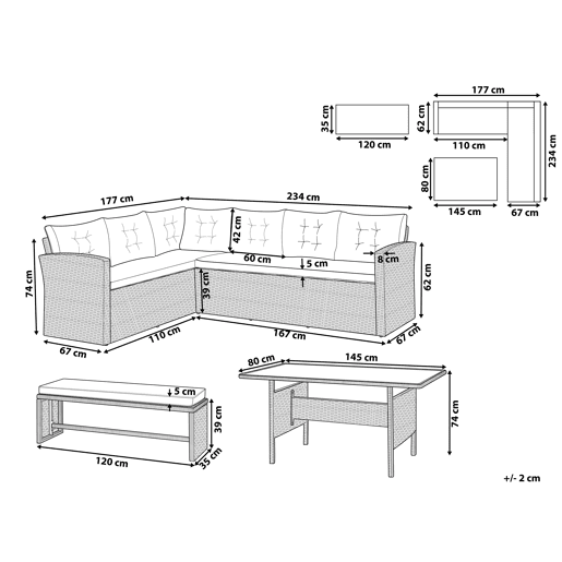 Conjunto de jardim com mesa 8 lugares VITERBO com almofadas Cinzento