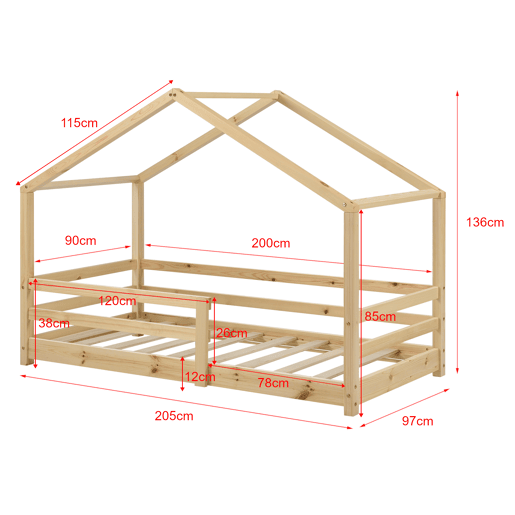 Cama de criança Knätten In House design com estrado em madeira de pinho 90 x 200 cm Natural en.casa.