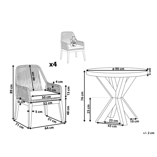 Conjunto de refeições de jardim 4 lugares OLBIA com almofadas Betão Preto