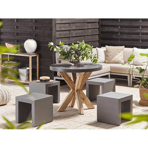 Conjunto de refeições de jardim com tamboretes 4 lugares OLBIATARANTO Betão Cinzento