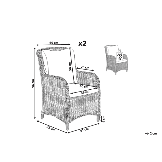 Conjunto de 2 cadeiras de jardim com almofadas CASCAIS Cinzento Conjunto de 2 cadeiras de jardim com almofadas CASCAIS Cinzento