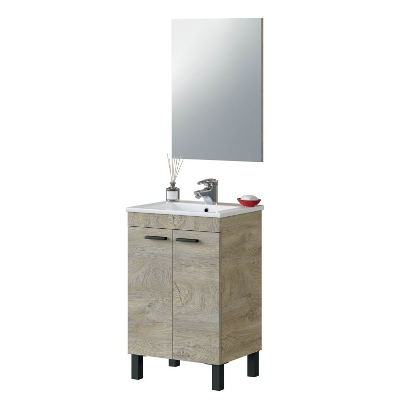 Mueble de baño 50 con espejo roble alaska y lacado en negro mate mueble:50espejo:50 x mueble:80espejo:68 x mueble:40espejo:1,8 cm