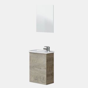 Móvel de casa de banho compacto 40 com espelho e lavatório Roble Alaska Mueble:40Espejo:40Lavabo:40 x Mueble:58Espejo:50Lavabo:2,5 x Mueble:22Espejo:1
