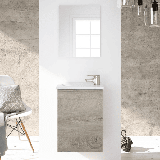 Móvel de casa de banho compacto 40 com espelho e lavatório Roble Alaska Mueble:40Espejo:40Lavabo:40 x Mueble:58Espejo:50Lavabo:2,5 x Mueble:22Espejo:1