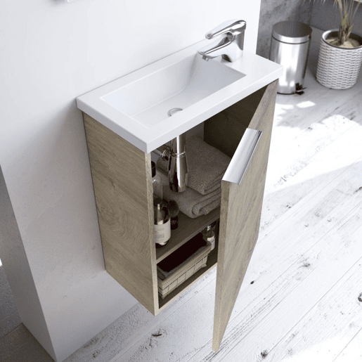 Móvel de casa de banho compacto 40 com espelho e lavatório Roble Alaska Mueble:40Espejo:40Lavabo:40 x Mueble:58Espejo:50Lavabo:2,5 x Mueble:22Espejo:1