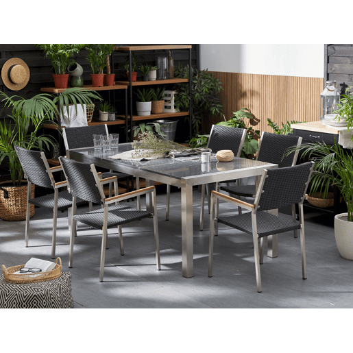 Conjunto de refeições de jardim 6 lugares GROSSETO Placa tripla Granito Polido CinzentoPreto