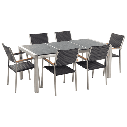 Conjunto de refeições de jardim 6 lugares GROSSETO Placa tripla Basalto Flameado Preto