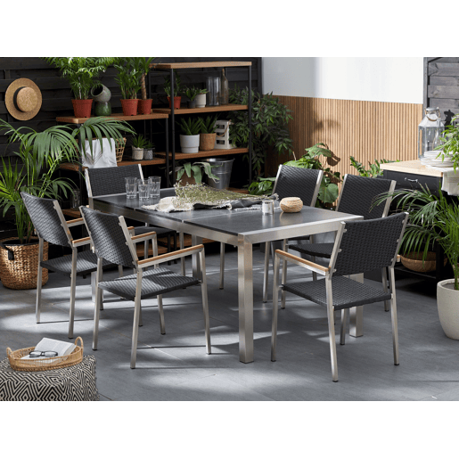Conjunto de refeições de jardim 6 lugares GROSSETO Placa tripla Basalto Flameado Preto