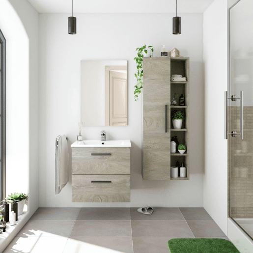 Móvel de casa de banho Aruba 60 com espelho Roble Alaska Mueble:60Espejo:57,5 x Mueble:57Espejo:80 x Mueble:45Espejo:1,8 cm