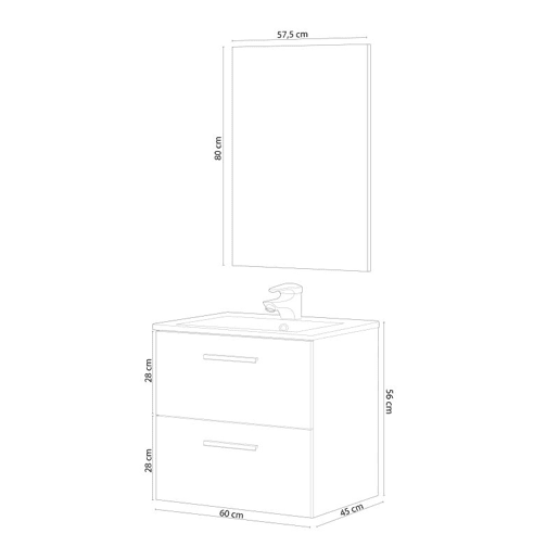Móvel de casa de banho Aruba 60 com espelho Roble Alaska Mueble:60Espejo:57,5 x Mueble:57Espejo:80 x Mueble:45Espejo:1,8 cm
