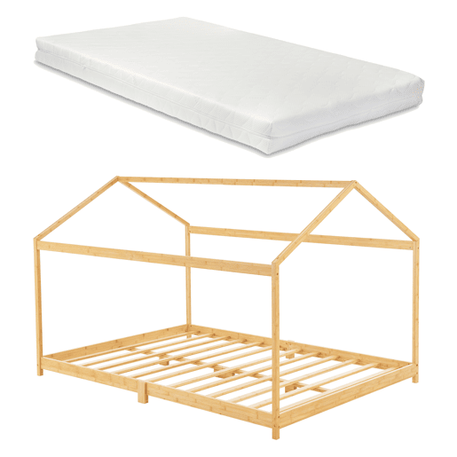 Cama de criança simples Vindafjord em forma de casa com colchão de bambu 120 x 200 cm - Cor natural en.casa.
