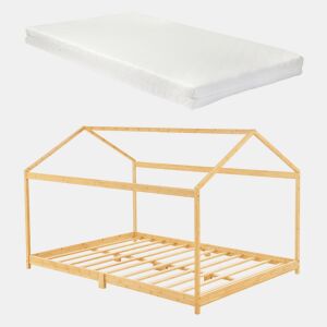 Cama de criança simples Vindafjord em forma de casa com colchão de bambu 120 x 200 cm - Cor natural en.casa.