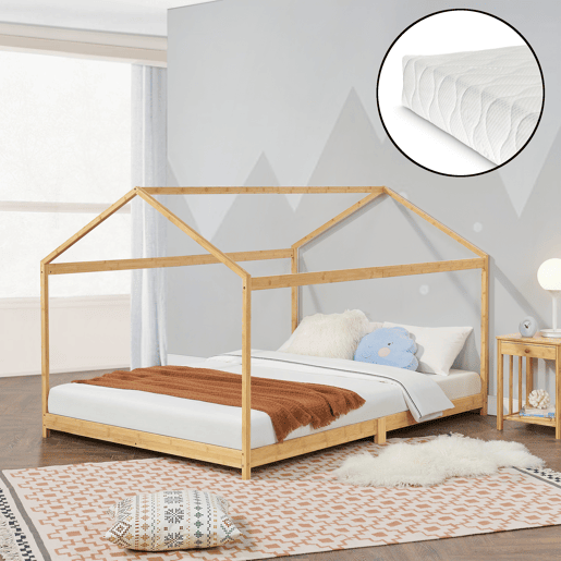 Cama de criança simples Vindafjord em forma de casa com colchão de bambu 120 x 200 cm - Cor natural en.casa.