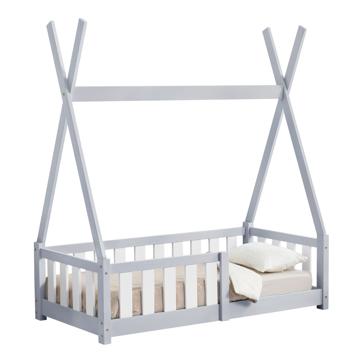 Cama infantil helsingborg con reja de seguridad - estructura tipi - pino 140x70 cm - gris claro [en.casa]