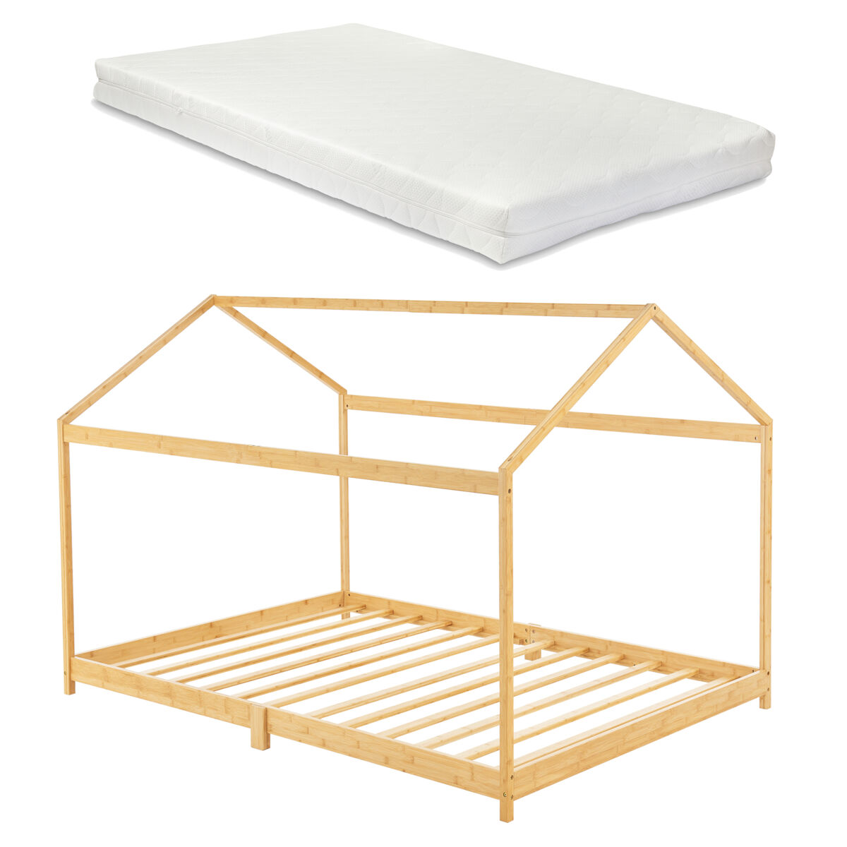 cama infantil vindafjord en forma de casa con colchon bambu 90 x 200 cm - color natural encasa