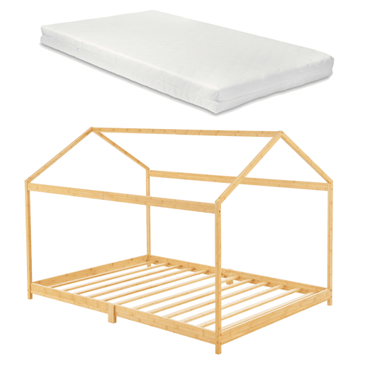 Cama de criança Vindafjord em forma de casa com colchão de bambu 90 x 200 cm - Cor natural en.casa.