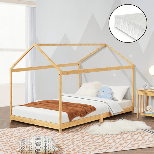 Cama de criança Vindafjord em forma de casa com colchão de bambu 90 x 200 cm - Cor natural en.casa.