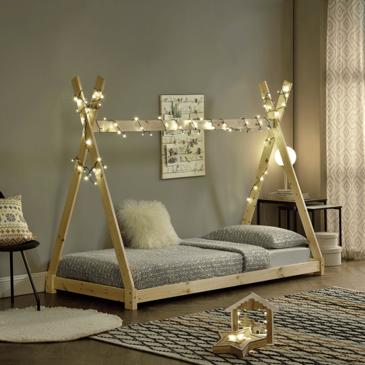 Cama para crianças Onejda - Estrutura tepee em pinho - 200 x 90cm - Cor pinho natural en.casa.