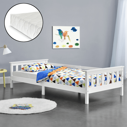 Cama de criança Nuuk com base de colchão e protecção anti-queda - máx. 100 kg - pinho 90 x 200 cm - Branco en.casa.