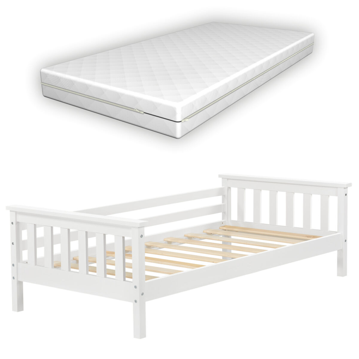 Cama para niños nuuk con colchón somier y protección contra caídas - máx. 70 kg - pino 80 x 160 cm - blanco [en.casa]