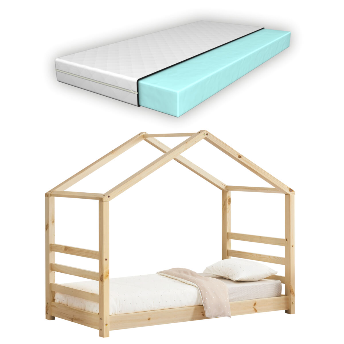 Cama para niños con colchón vardø - forma de casa - pino y oeko-tex 100 - 80 x 160 cm - natural [en.casa]