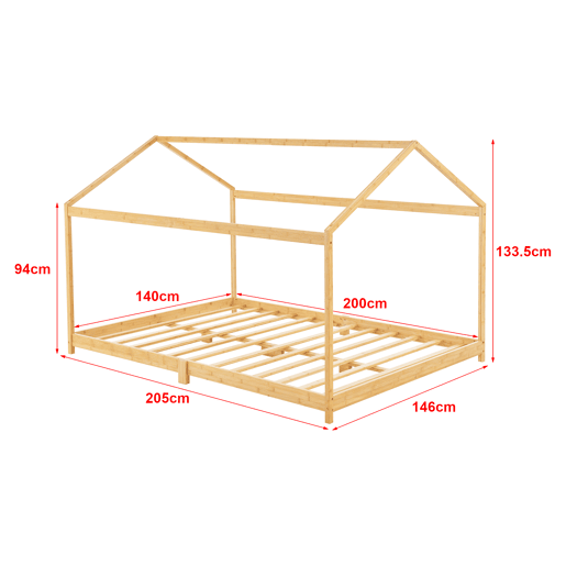 Cama de criança Vindafjord em forma de casa com colchão de bambu 140 x 200 cm - Cor natural en.casa.