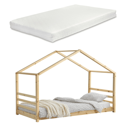 Cama de criança Vardø com colchão - Forma de casa - Pinho e Oeko-Tex 100 - 90 x 200 cm - Natural en.casa.