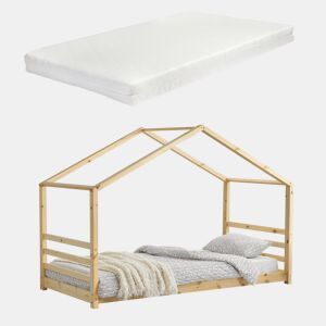 Cama de criança Vardø com colchão - Forma de casa - Pinho e Oeko-Tex 100 - 90 x 200 cm - Natural en.casa.
