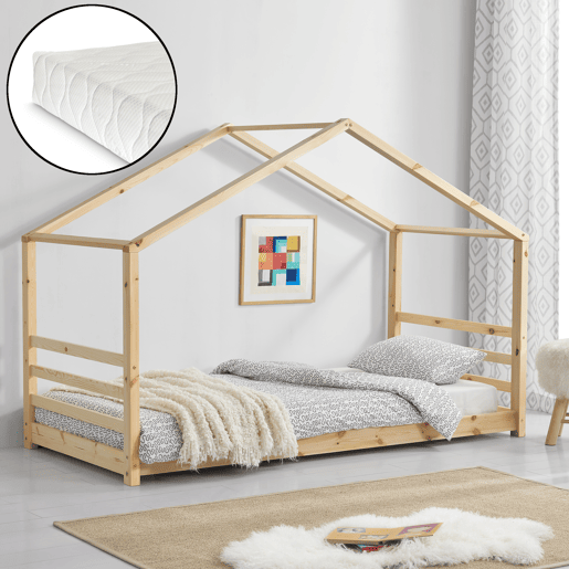 Cama de criança Vardø com colchão - Forma de casa - Pinho e Oeko-Tex 100 - 90 x 200 cm - Natural en.casa.