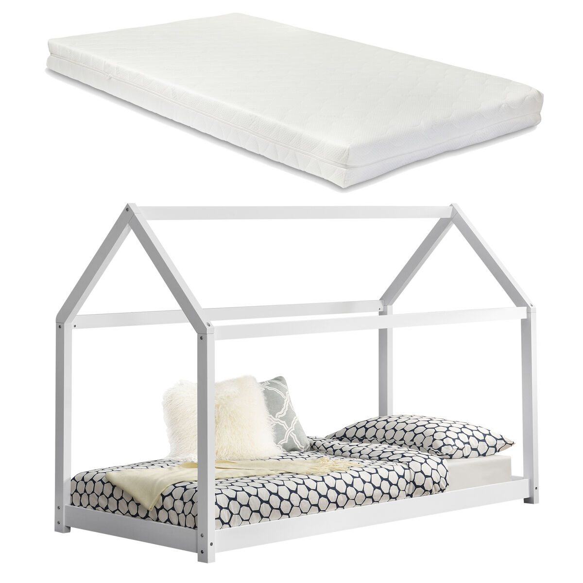 Cama infantil netstal de madera pino con colchón 90x200cm forma de casa blanco mate [en.casa]