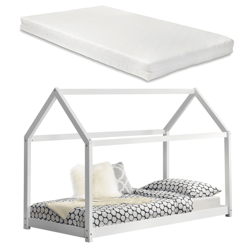 Cama de criança em madeira de pinho Netstal com colchão 90x200cm Forma de casa Branco mate en.casa.